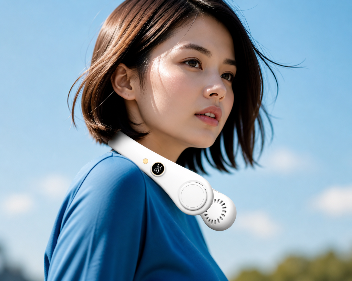 Woman wearing a white portable fan on her shoulder with a blue sky background while working out